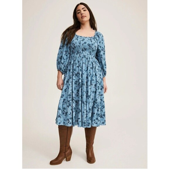 torrid Dresses & Skirts - Torrid Women’s Skater Blue Floral Midi Dress Size 2 Lined Pockets Softgirl Fairy